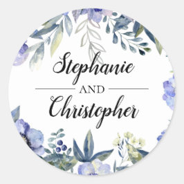 Pegatina Redonda Boda de acuarela violeta anémona