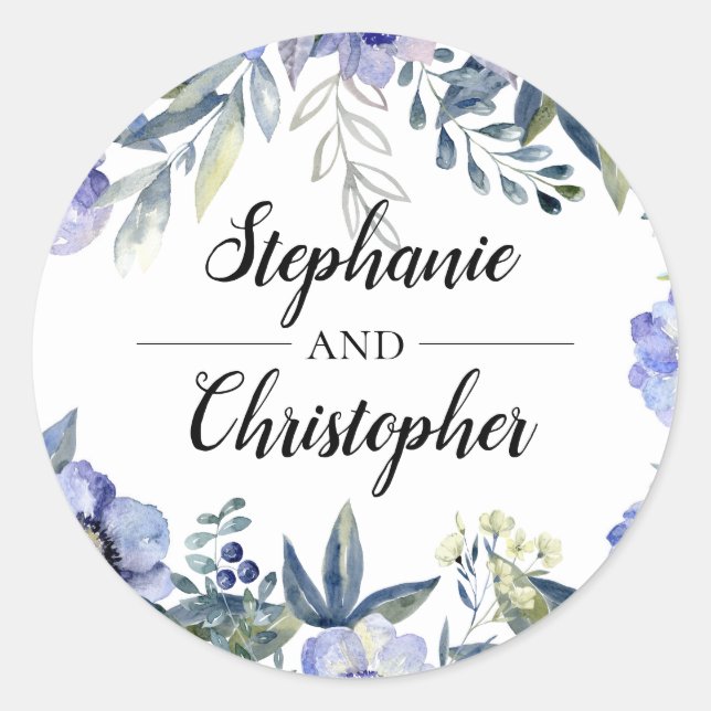 Pegatina Redonda Boda de acuarela violeta anémona (Anverso)