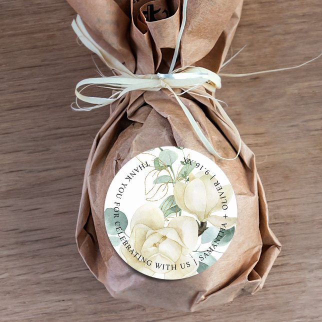 Pegatina Redonda Boda de agradecimiento elegante magnolia eucalipto (Elegant Magnolia Eucalyptus Thank You Wedding Classic Round Sticker)