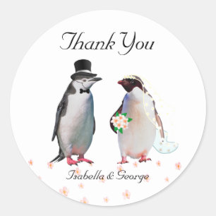Pegatina Redonda Boda de agradecimiento y pareja de pingüinos