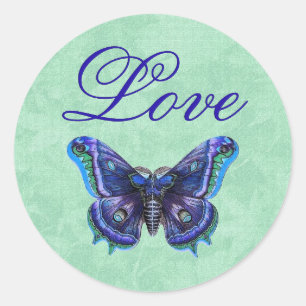 Pegatina Redonda Boda de amor de mariposa morada V02