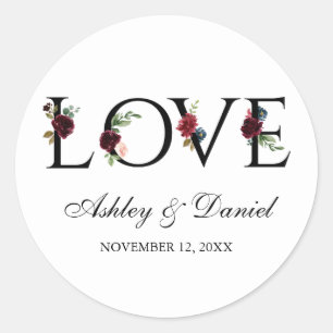 Pegatina Redonda Boda de amor floral de color azul borgoña