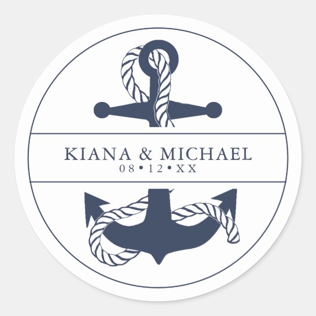 Pegatina Redonda Boda de Anclaje de Ola Azul V2 Navy/Wht ID836 (Anverso)