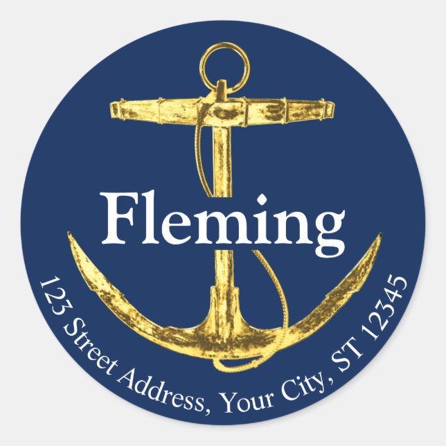 Pegatina Redonda Boda de Anclaje Náutico Azul y Oro de la Marina (Anverso)