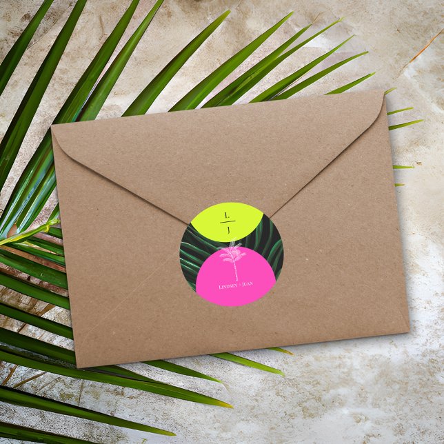 Pegatina Redonda Boda de árbol de palmas tropicales monograma (Subido por el creador)