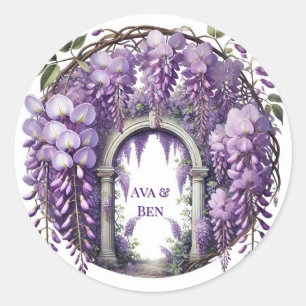 Pegatina Redonda Boda de Arco de Wisteria Púrpura