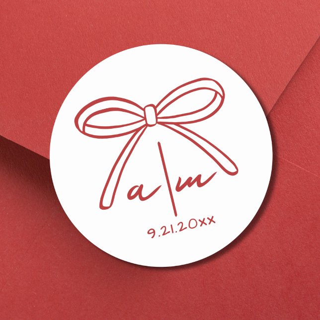 Pegatina Redonda Boda de arco rojo monograma dibujado a mano (Hand Drawn Monogram Red Bow Wedding Classic Round Sticker)