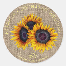 Pegatina Redonda Boda de arpillera rústica con ramo de girasol