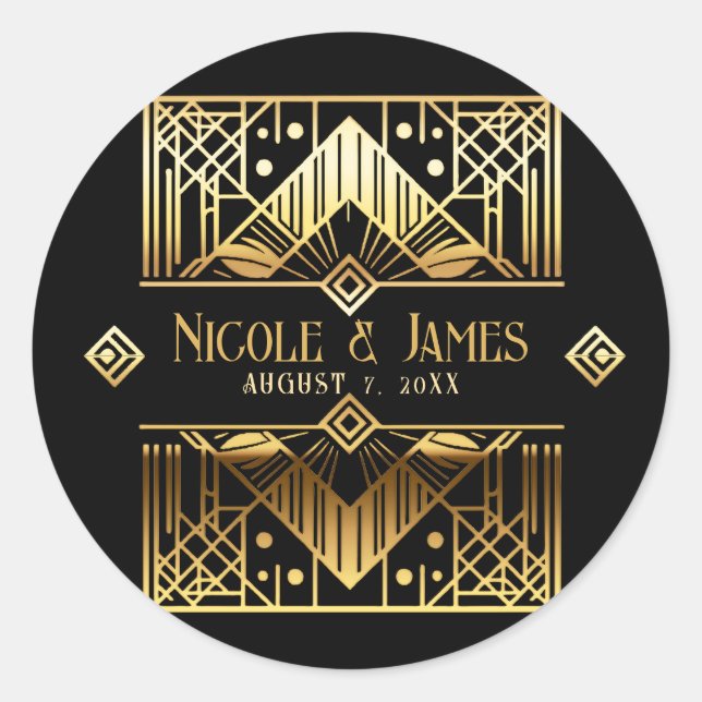 Pegatina Redonda Boda de Art Deco Negro y Oro Gracias (Anverso)