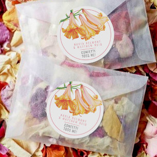 Pegatina Redonda Boda de arte florido rosado naranja