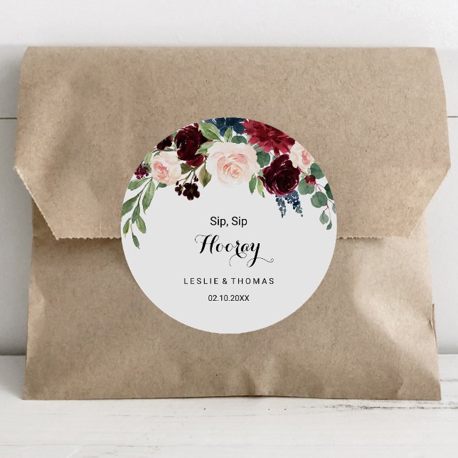 Pegatina Redonda Boda de Autumt Rustic Burgundy Sip Hooray (Subido por el creador)