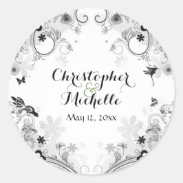 Pegatina Redonda Boda de Aves y Jardín de Flores Personalizadas