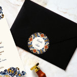 Pegatina Redonda Boda de azulejos azules de la época de Talavera Az<br><div class="desc">Talavera de época Azulejo azulejos de color azul mediterráneo boda monograma pegatinas impresos nombres de novios pegatinas de sobre</div>