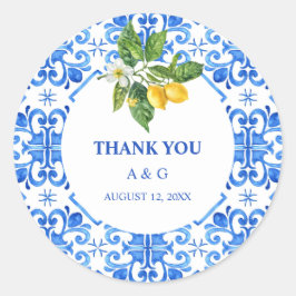 Pegatina Redonda Boda de azulejos azules y limones mediterráneos