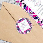 Pegatina Redonda Boda de azulejos rosa y azul mexicano<br><div class="desc">Boda de tejas  pegatinas de nombres de novios y novios pegatinas</div>