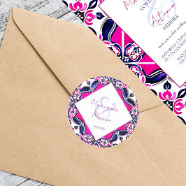 Pegatina Redonda Boda de azulejos rosa y azul mexicano