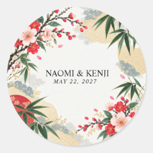 Pegatina Redonda Boda de Bambú Flor de Cerezo Japonesa