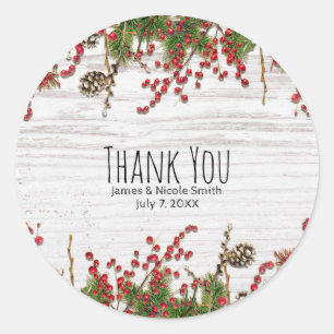 Pegatina Redonda Boda de Bayas y Piñas de Navidad de Campo