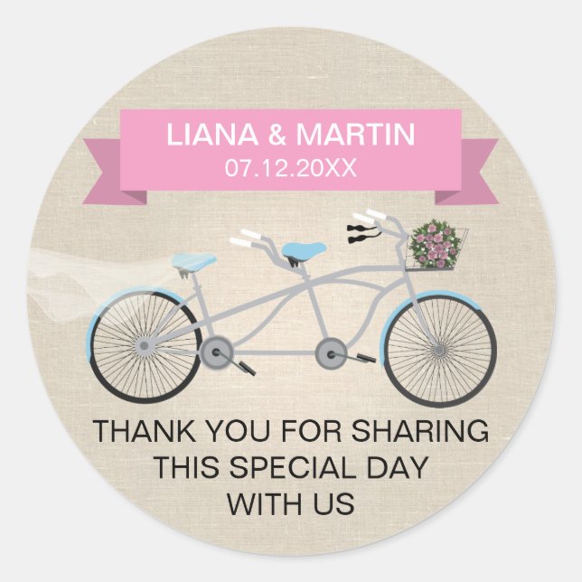 Pegatina Redonda Boda de bicicleta de tándem rosa de línea falsa (Anverso)