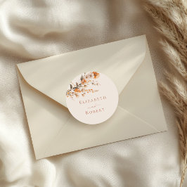 Pegatina Redonda Boda de Boho Terracota Naranja Quemada Flores Silv