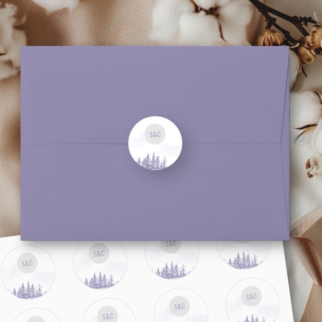 Pegatina Redonda Boda de bosques de invierno Monograma simple acuar (Monogrammed envelope seals from my Winter Forest Lavender Wedding Collection)