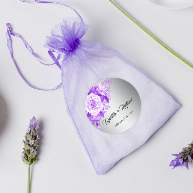 Pegatina Redonda Boda de Bouquet Purple Rose de Silver Elegance (Subido por el creador)