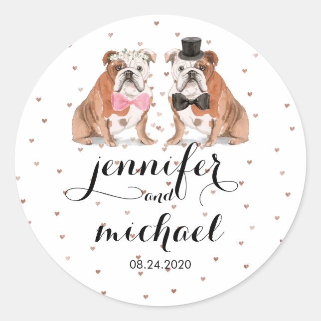 Pegatina Redonda Boda de Bulldog Inglés (Anverso)