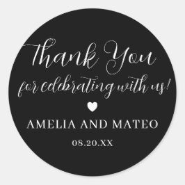 Pegatina Redonda Boda de caligrafía blanca negra gracias