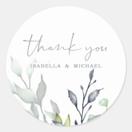 Pegatina Redonda Boda de caligrafía botánica Gracias