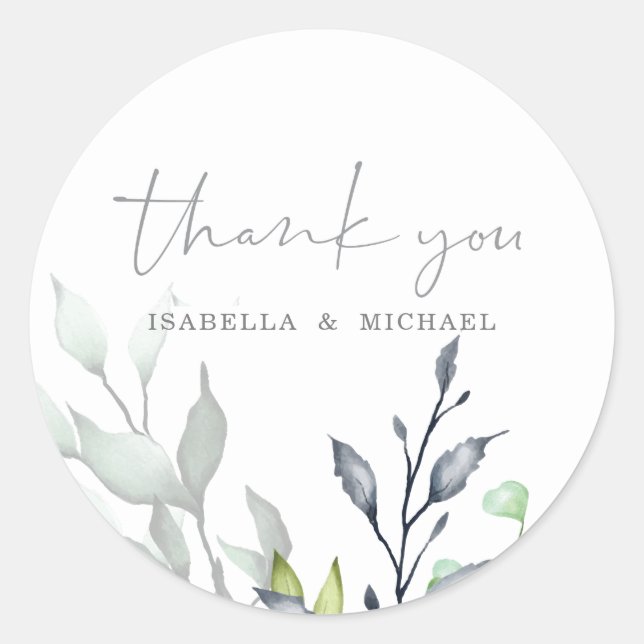 Pegatina Redonda Boda de caligrafía botánica Gracias (Anverso)