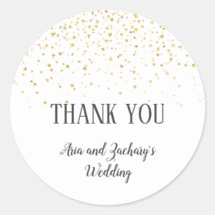 Pegatina Redonda Boda de caligrafía de confetti de oro Gracias Por