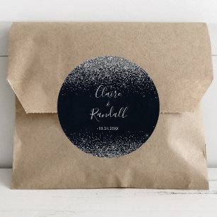 Pegatina Redonda Boda de caligrafía de confetti plateado