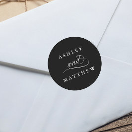 Pegatina Redonda Boda de caligrafía de Swirly romántica negra