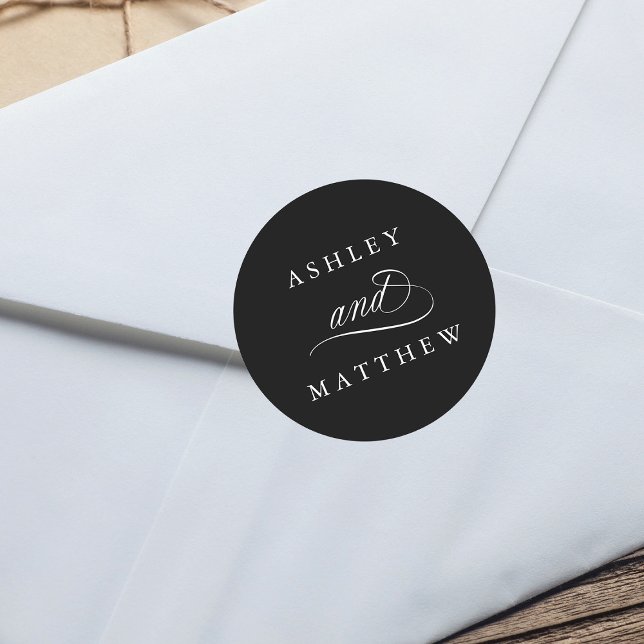 Pegatina Redonda Boda de caligrafía de Swirly romántica negra (Subido por el creador)