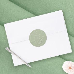 Pegatina Redonda Boda de caligrafía del guión verde sabio caprichos