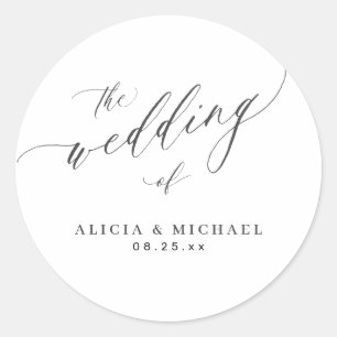 Pegatina Redonda Boda de caligrafía elegante en blanco y negro