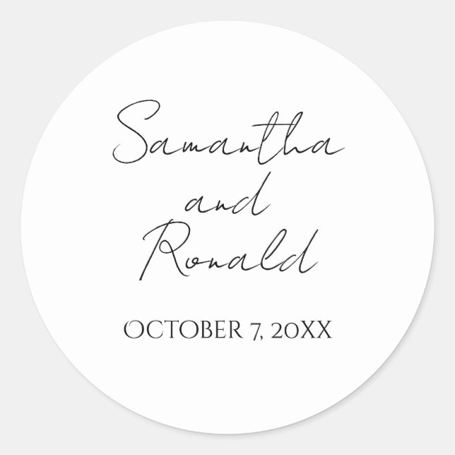 Pegatina Redonda Boda de caligrafía Minimalista moderna (Anverso)