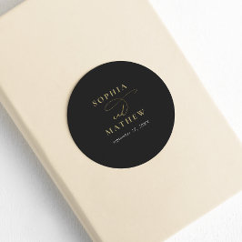 Pegatina Redonda Boda de caligrafía moderna de oro negro