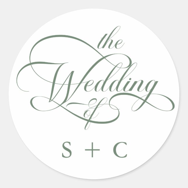 Pegatina Redonda Boda de caligrafía romántica de Sage Green (Anverso)