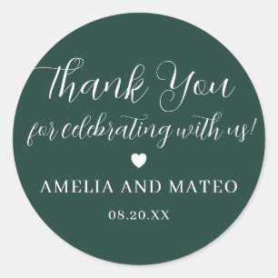 Pegatina Redonda Boda de caligrafía verde esmeralda gracias