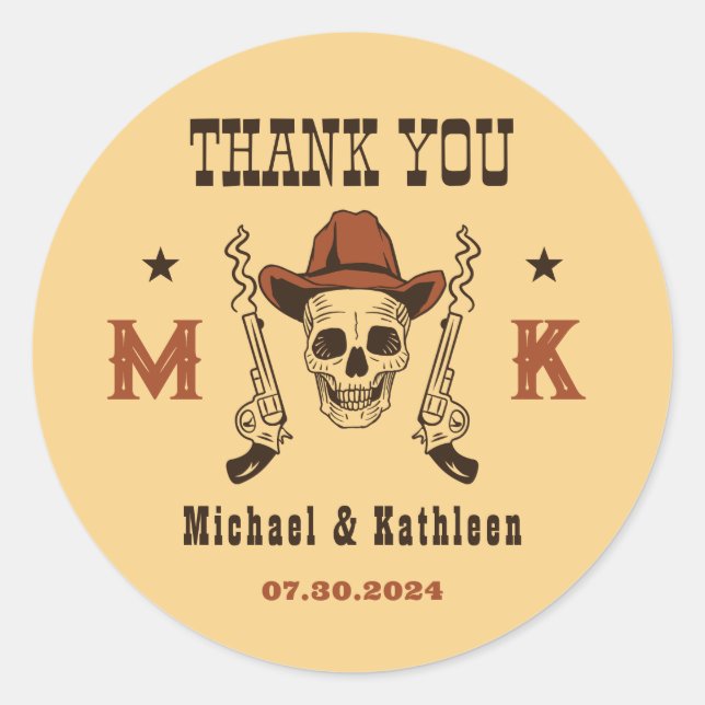 Pegatina Redonda Boda de campo en monograma de cráneo occidental (Anverso)