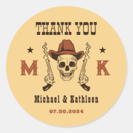 Pegatina Redonda Boda de campo en monograma de cráneo occidental