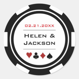 Pegatina Redonda Boda de Casino de Chip Black White Poker