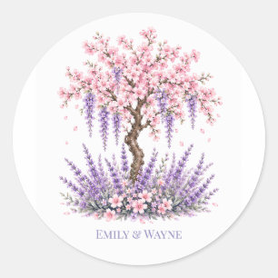 Pegatina Redonda Boda de cerezo y árbol de lavanda