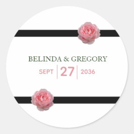 Pegatina Redonda Boda de cinta negra rosa rosa