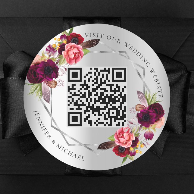 Pegatina Redonda Boda de código QR geométrico de florines burdeos d (Subido por el creador)