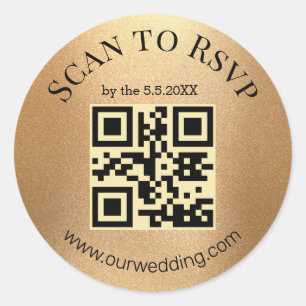 Pegatina Redonda boda de código rsvp qr minimalista de oro elegante
