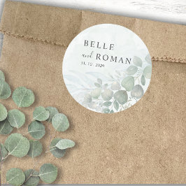 Pegatina Redonda Boda de color de agua de eucalipto rústico verde