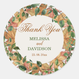 Pegatina Redonda Boda de color de agua del Naranja rústico de otoño