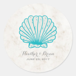 Pegatina Redonda Boda de conchas marinas rusas turquesa